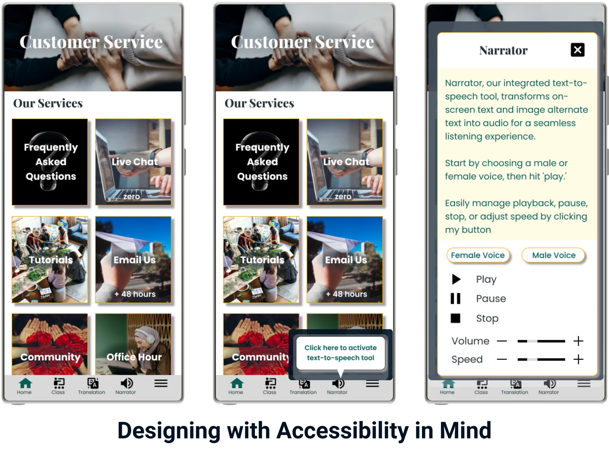 Customer service app homepage and support flow designs