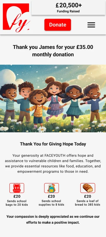 FACEYOUTH donation success mobile experience