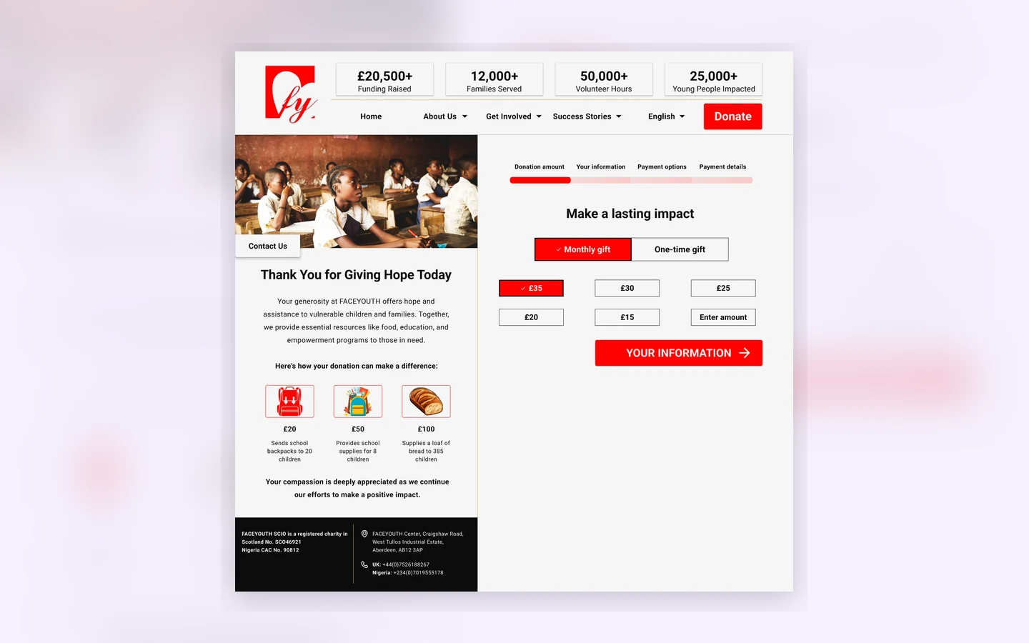 FACEYOUTH donation page design