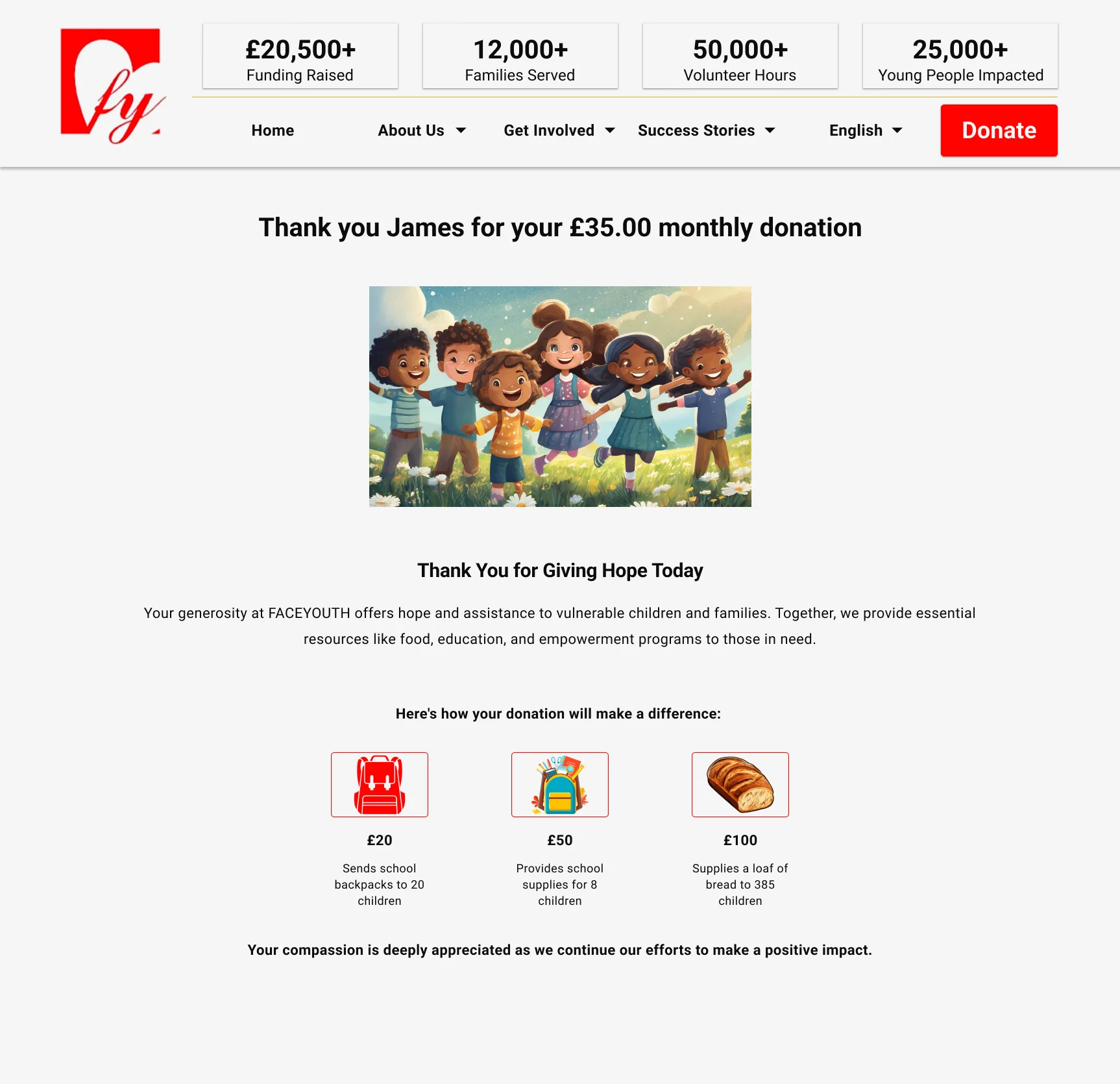 FACEYOUTH donation success desktop experience