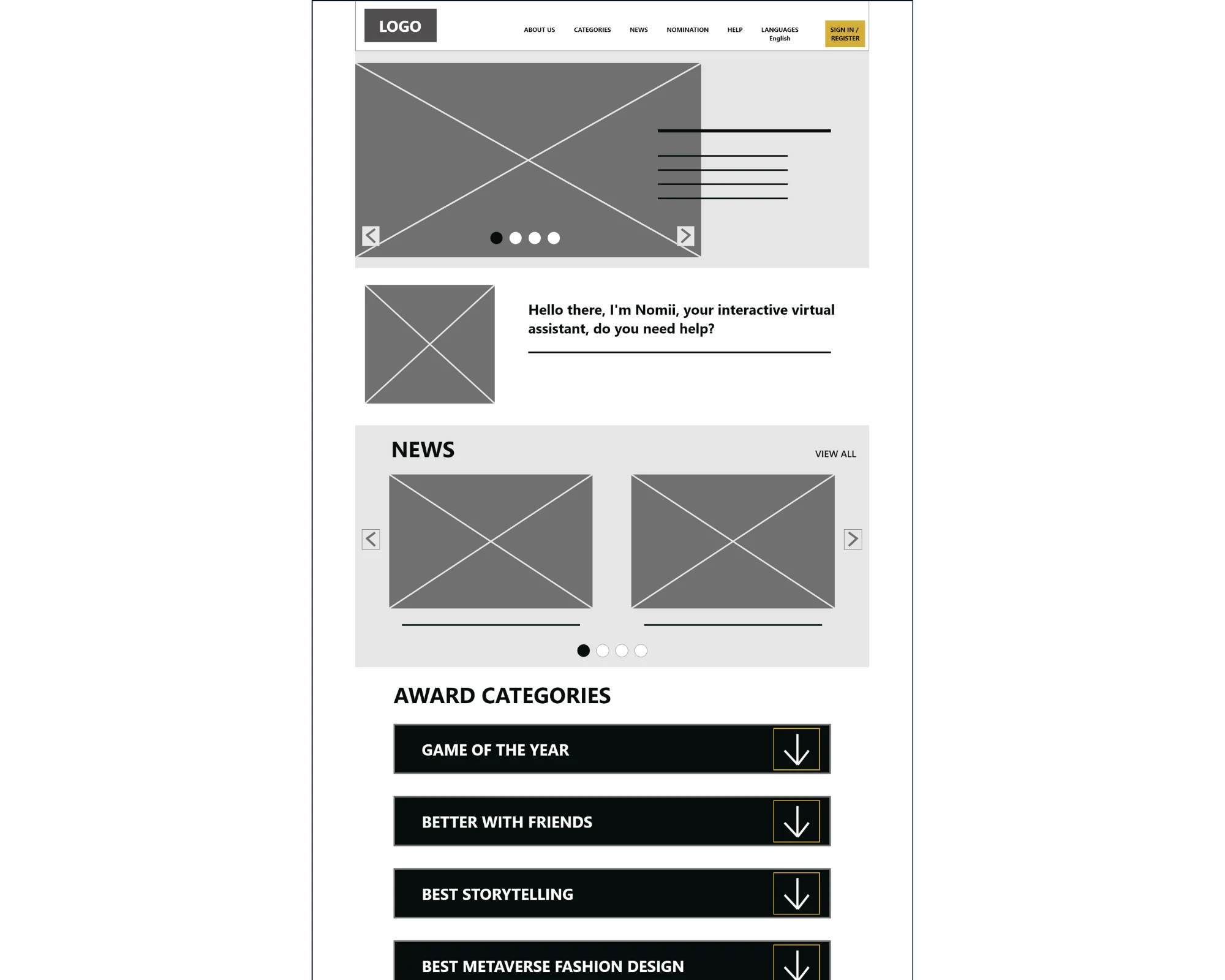 Mega Game Award mobile homepage screen