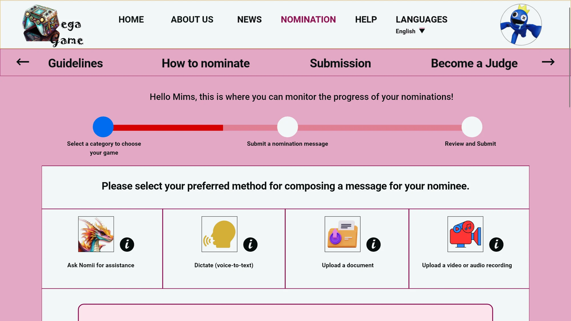 Mega Game Award nomination confirmation message screen
