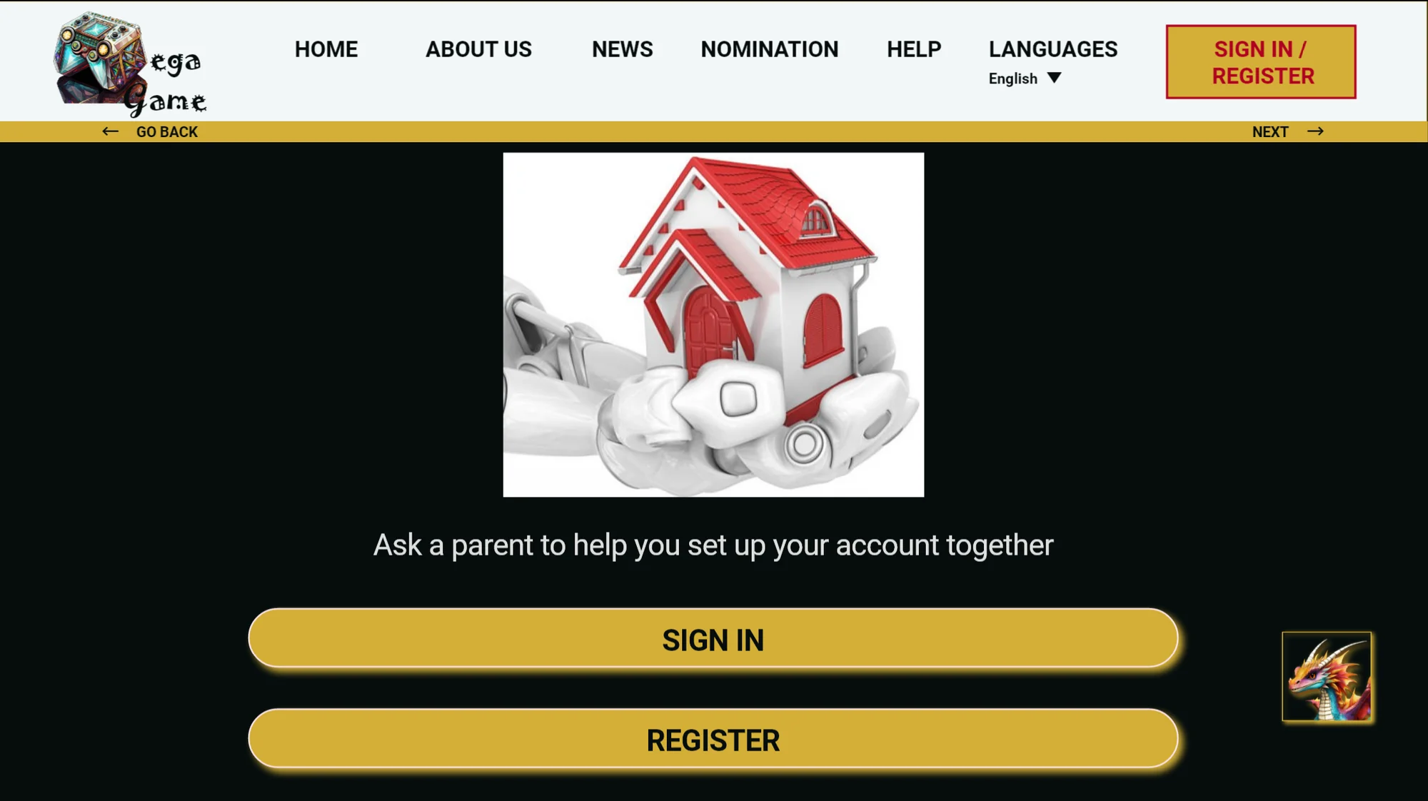 Mega Game Award sign in and registration screen