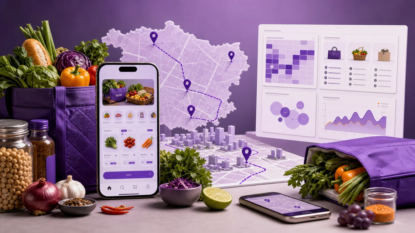 Toronto grocery delivery product research concept with groceries, mobile app and market analysis board